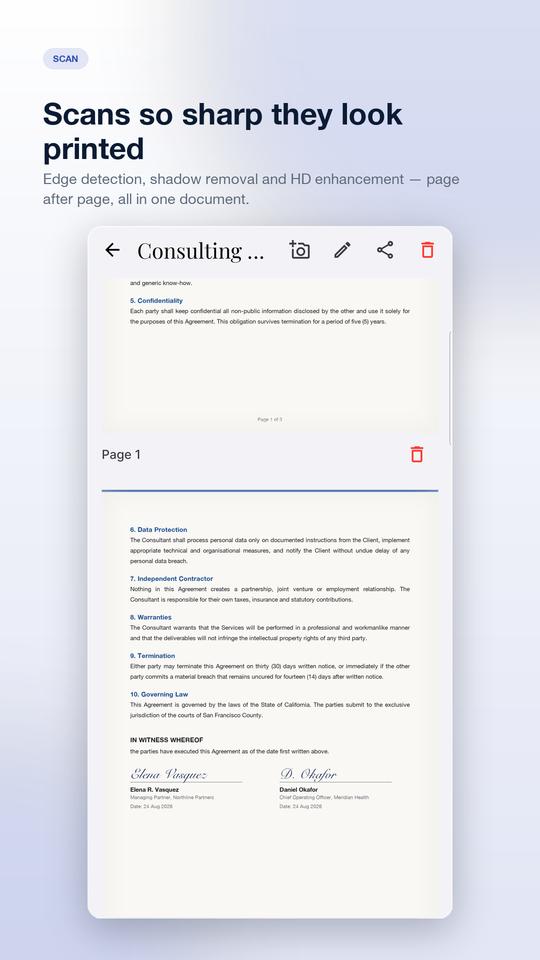 Scannera showing a sharp multi-page scan of a contract