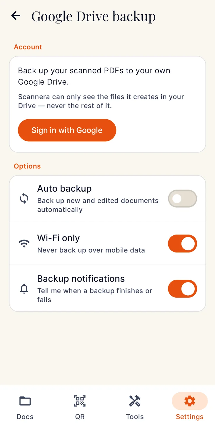 Google Drive backup settings with auto backup, Wi-Fi only and notification toggles