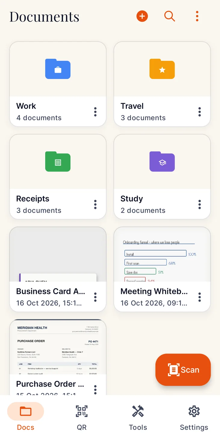 The documents library with colour-coded Work, Travel, Receipts and Study folders