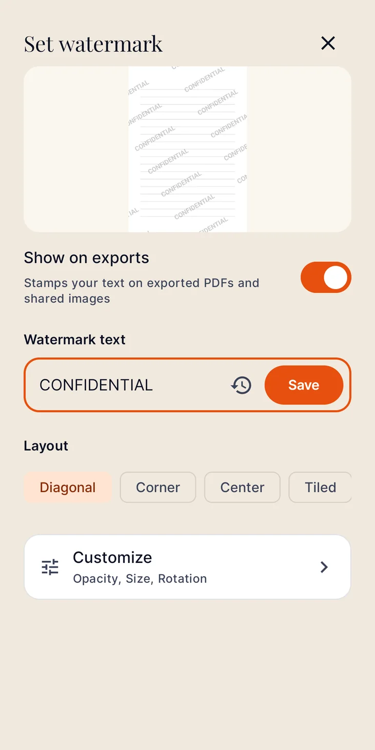 The Set watermark screen previewing a diagonal CONFIDENTIAL watermark